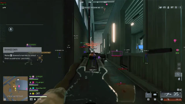 Battlefield 6 tight metal corridor with fluorescent lights and an assault rifle at the ready.