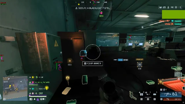 Battlefield 6 underground facility room with server racks and an equip-armor interaction prompt.
